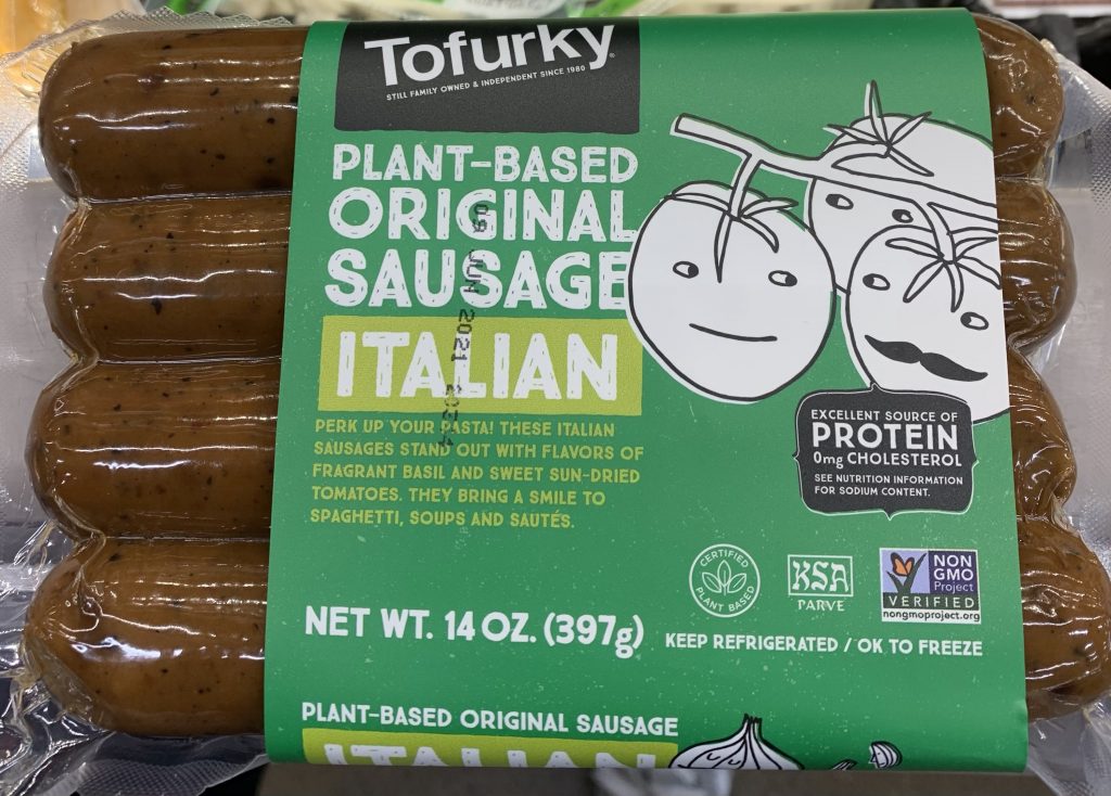 A package showing 4 Tofurky Italian Tofu sausages.